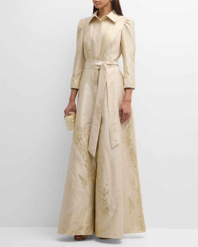 3/4-Sleeve Metallic Jacquard Shirt Gown